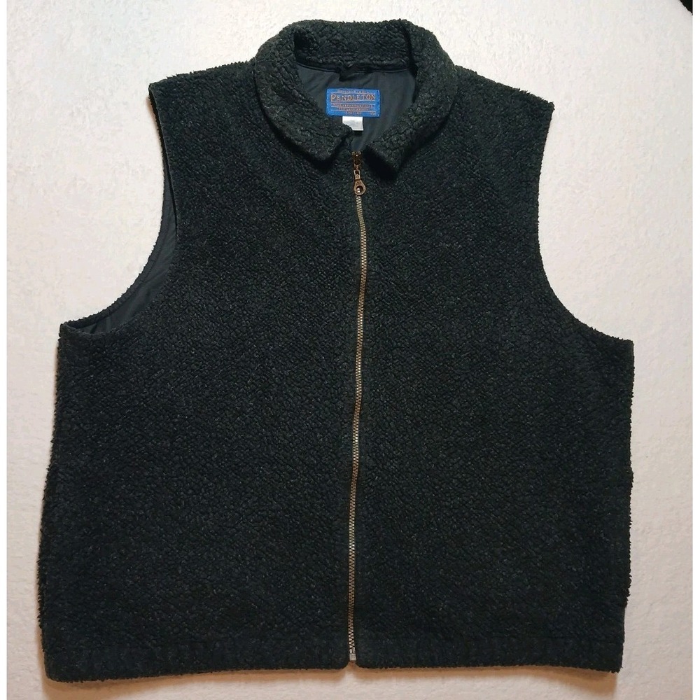 Pendleton Men's Black Sleeveless Deep Pile Fleece Zip Up Vest Size XL USA VTG